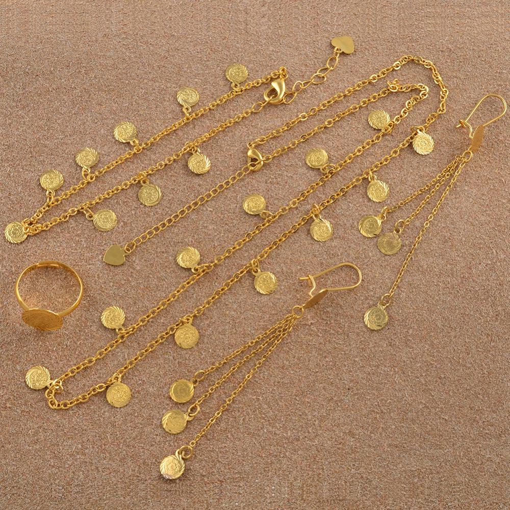 Anniyo Kleines Münzen-Schmuckset für Mädchen, Halskette, Ohrring, Armband, Ring, goldfarben, arabischer Juwelier, Metallmünzen für Kinder