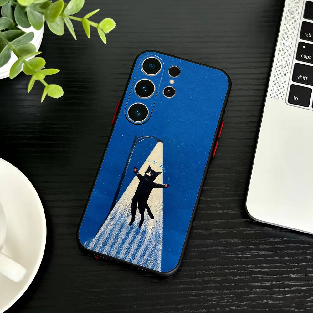 Black Whimsical cat Phone Case For Samsung S26,S25,S24,S23,S22,S21,S20,Plus,Fe,Lite,Others Black Cover