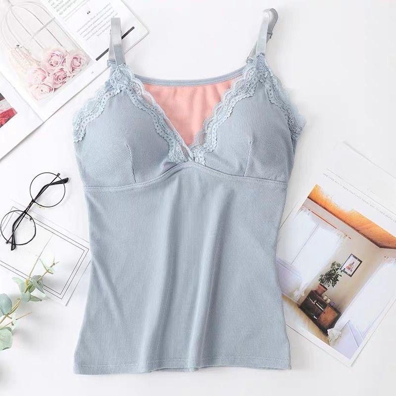 Winter Lace Padded Camisole Undershirt Female Internal Warmth Cold Thickened V-neck with Chest Pads Seamless Body Underwear