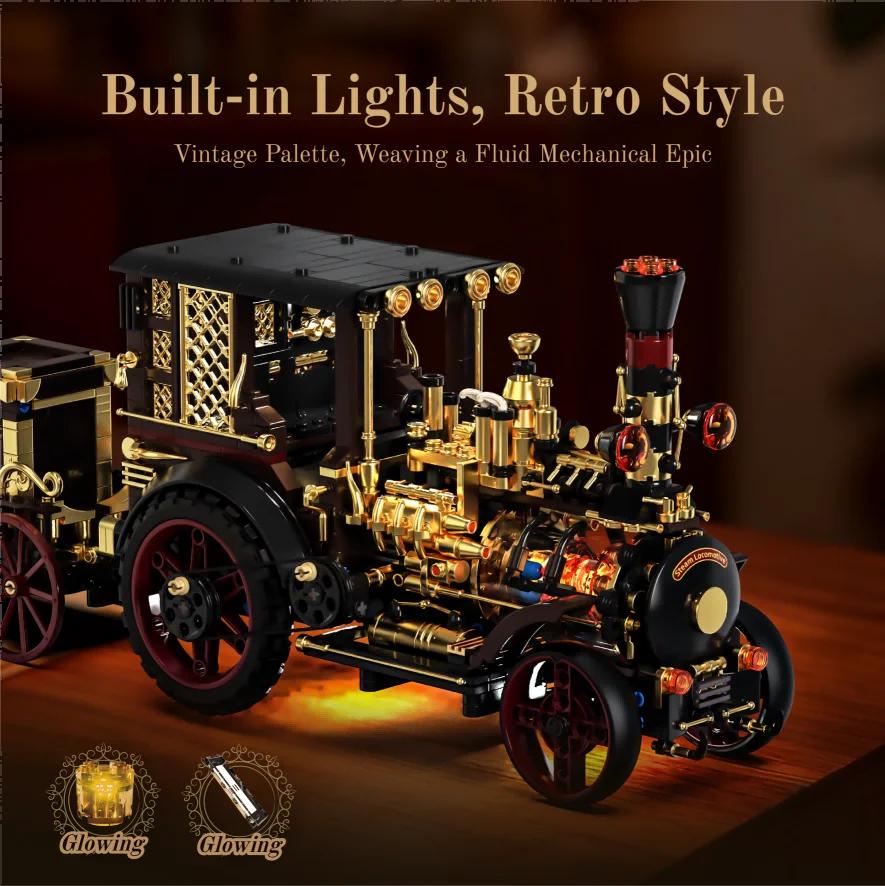 Retro Mechanical Steam Car Building Blocks Set with LED Lights MOC Vintage Home Decor Bricks Toy for Festival Gift
