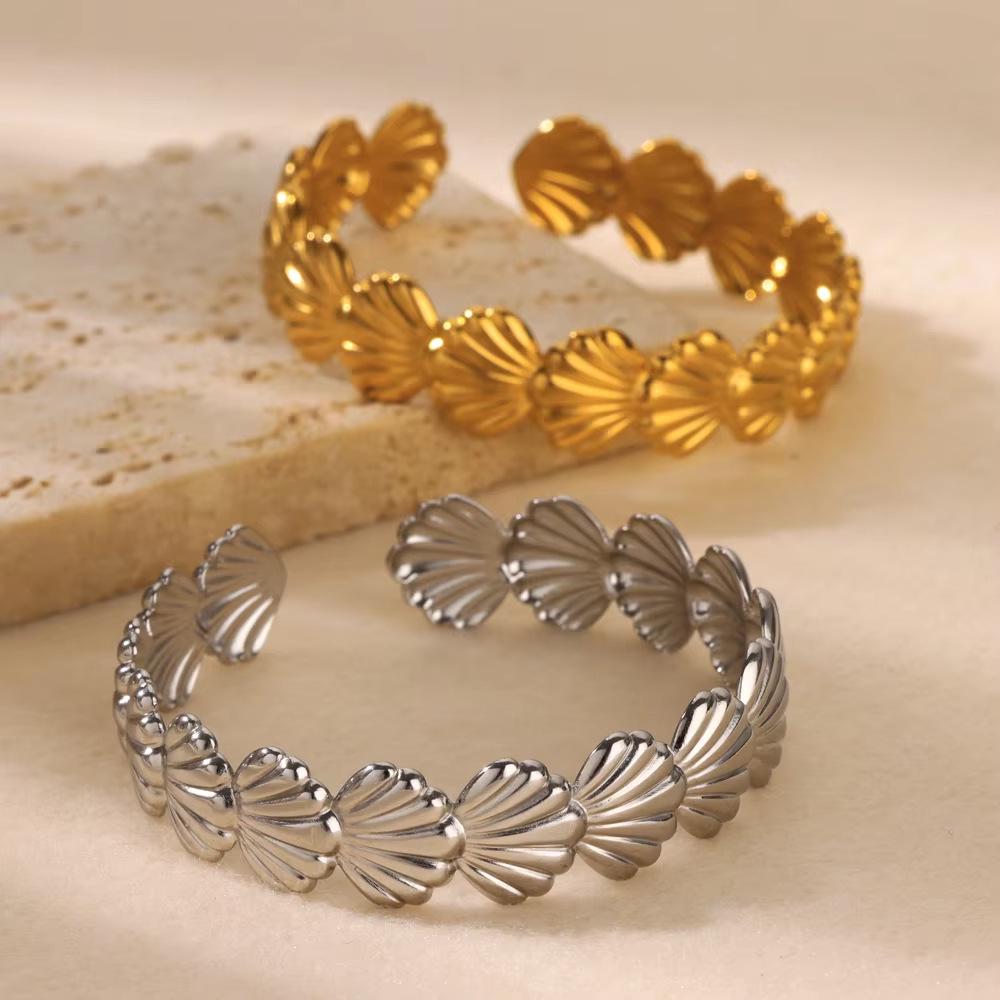 Retro Ocean-Style Conch Seashell Stainless Steel Stackable Bracelet and Ring Set