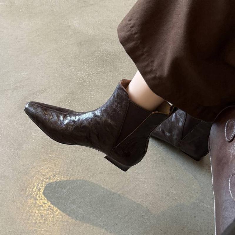 New women's leather shoes medium heel large size women's boots versatile leather Martin boots sleeve comfortable rubber sole medium boots women