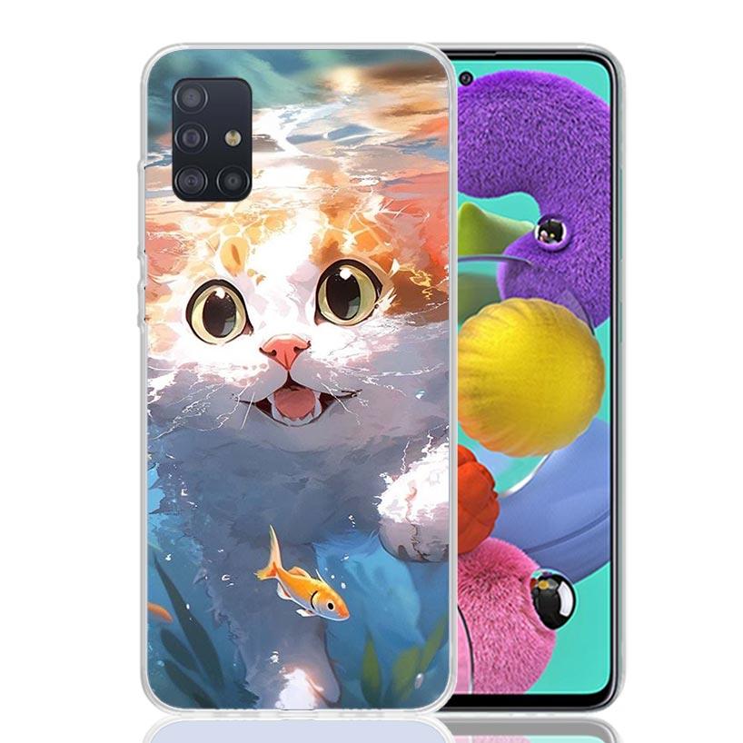 Cartoon Cute Cat Fish Aesthetic Phone Case For Samsung Galaxy A52 A32 A22 A12 A02S A50S A30S A51 A31 AA71 Note 20 Ultra 10 S10 P