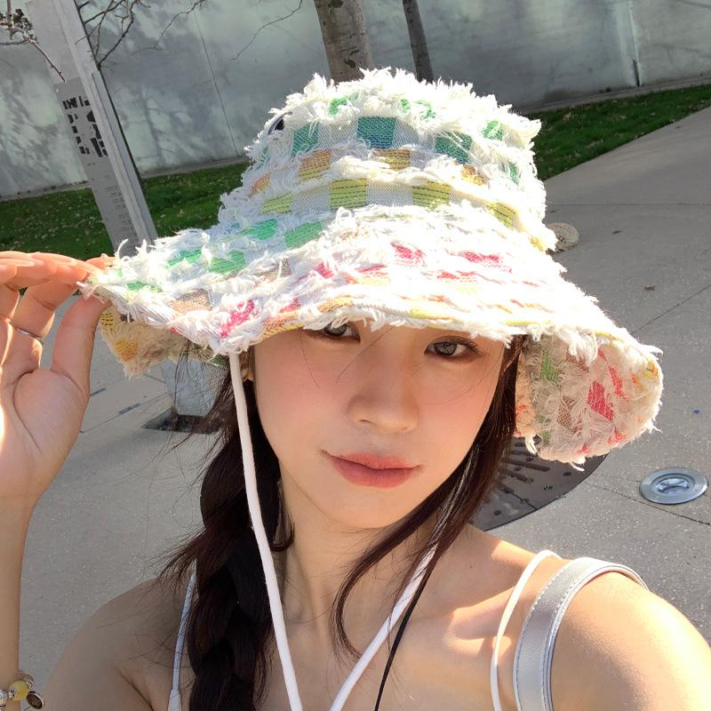 American Colorful Breasted Women's Summer Versatile Big Hat Showing Face Small Hiking Hat Big Face Slim Hat Trendy Fisherman's Hat