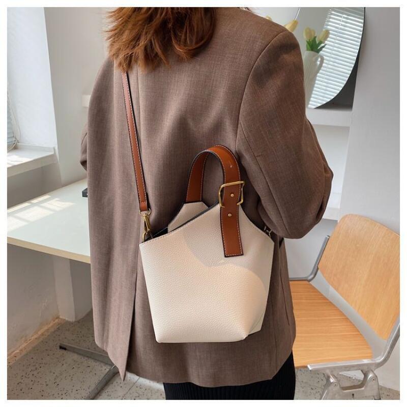 High Capacity Contrast Color Bucket Shoulder Bags  New Women's Basket Top Handle Bags Casual Commuter PU Leather Handbags