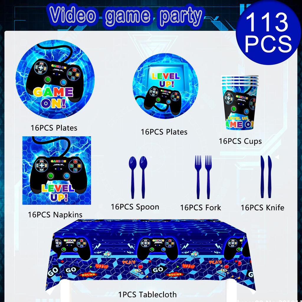 113pcs Gamer Birthday Decorations, Gaming Party Tableware Set - Game Themed Party Plate Cups Napkins Tablecloth etc