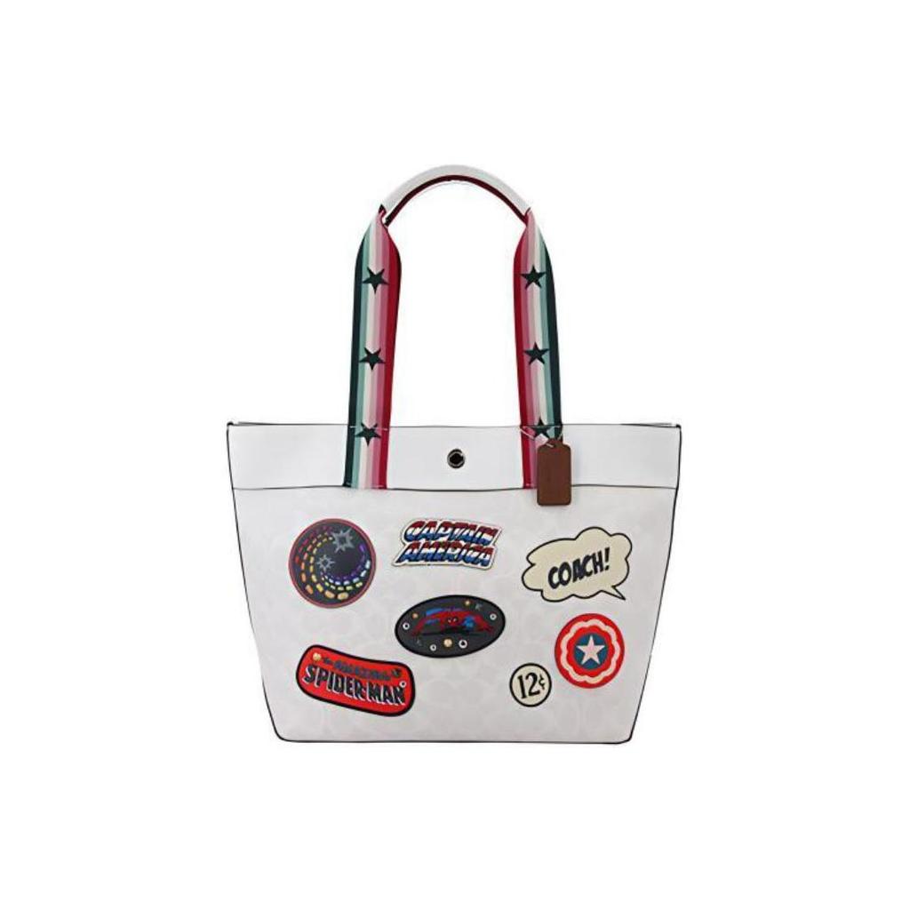 Coach X Marvel Collaboration Jes 33 Badge Decorated Monogram Coated Canvas And Leather Tote Bag Women Tote Bags White 2539-SVCAH