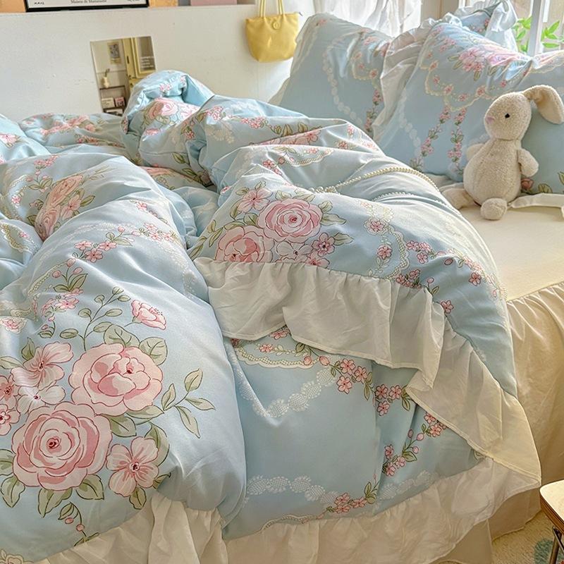 Small Fresh Pure Cotton Four-piece Set Lace Korean Version Princess Style Washed Cotton Bed Skirt Quilt Cover Cream Style Bedding
