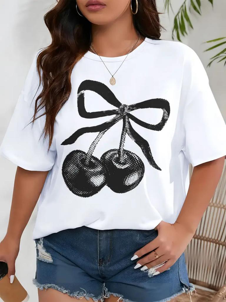 Cherry Print Womens Tshirt Women Loose Comfortable Tee Red Cherries Graphic Daily Streetwear Fashion Soft Top T Shirt