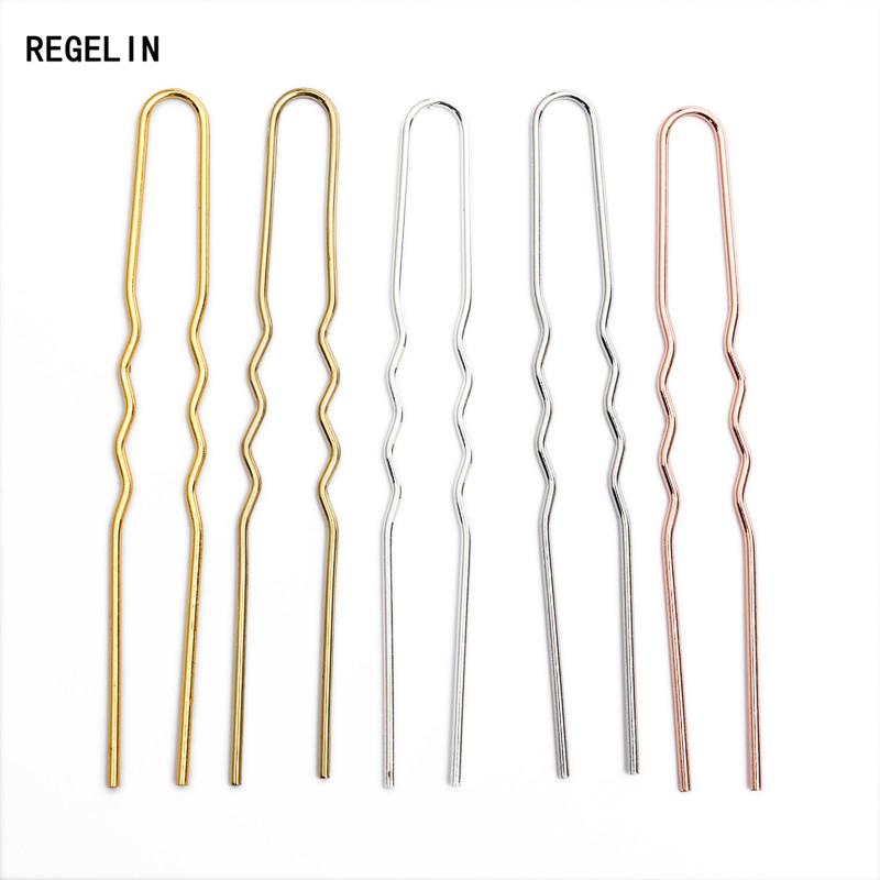 

REGELIN 70mm*1.2mm Raw Brass Rose Gold Color Hair Sticks U shape Hair Pins Blank Base Setting For Women Jewelry Bulks 50pcs/lot