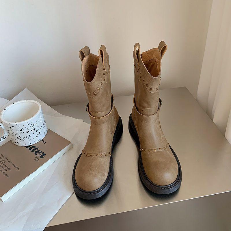 British style rivet thick heel medium tube Martin boots, women's 2025 new models, autumn and winter belt buckle short boots
