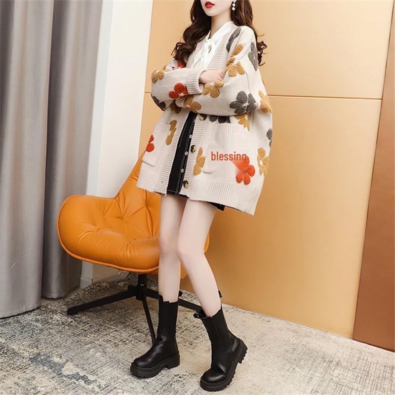 Women's Color Block Jacquard Knit Cardigan - Korean Style Loose Fit for Autumn and Winter.