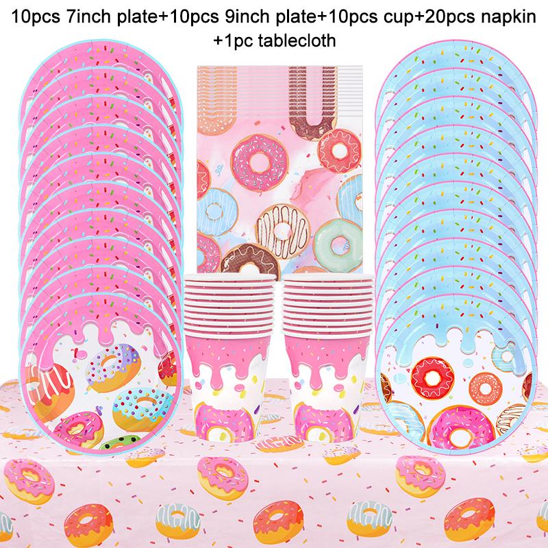 Donut Party Disposable Tableware Set Paper Plate Cup Tablecloth Kids Girls 1st Birthday Party Decoration Supplies Baby Shower