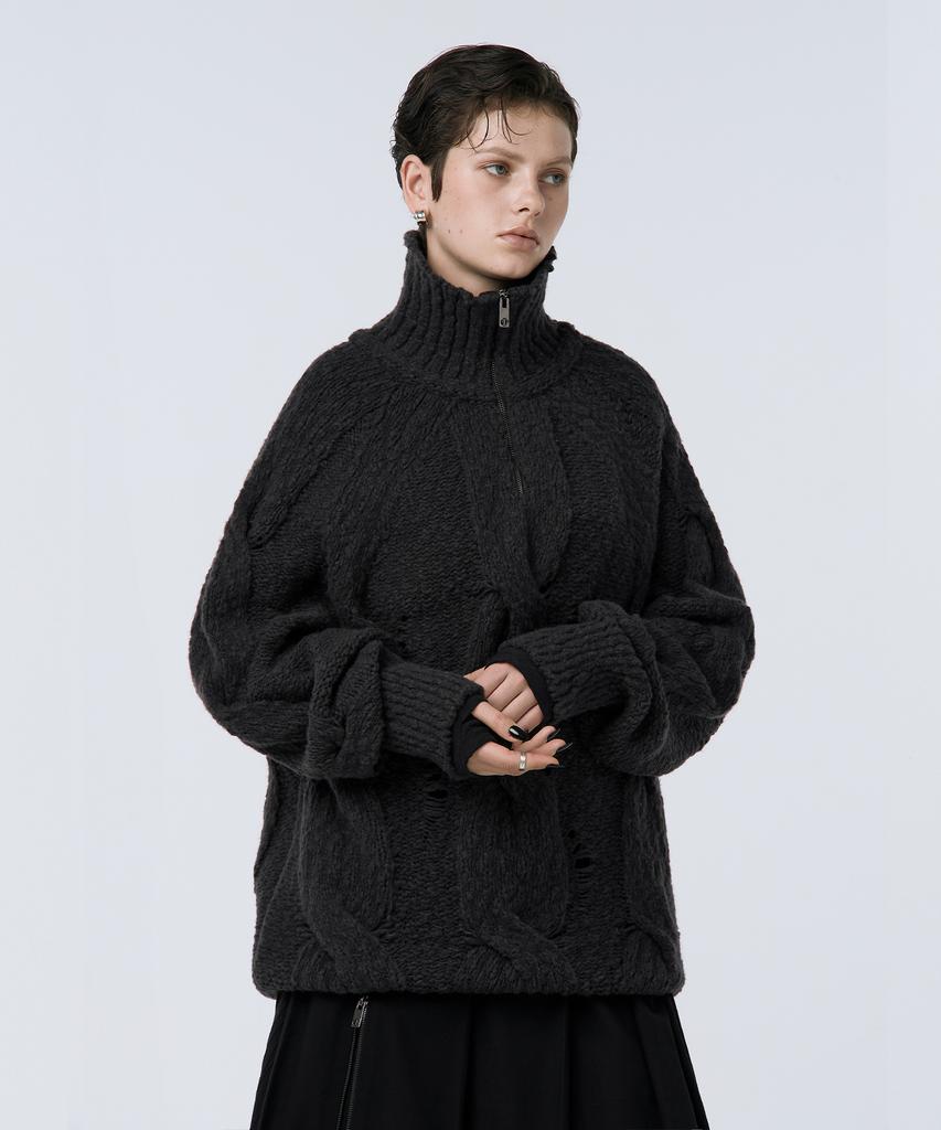 Teulimingbeodeu Cable Knit Anorak Pullover [ Charcoal ]