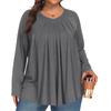 Women's Plus Size Fashion Solid Colour Casual Pleated Round Neck Long Sleeve Top