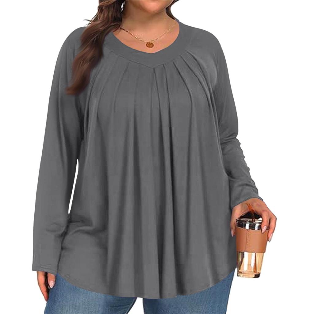 Women's Plus Size Fashion Solid Colour Casual Pleated Round Neck Long Sleeve Top
