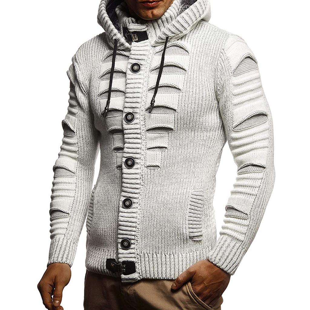 Men's Solid Color Button Sweater Men's Hooded Knitted Fleece-lined Cardigan Jacket