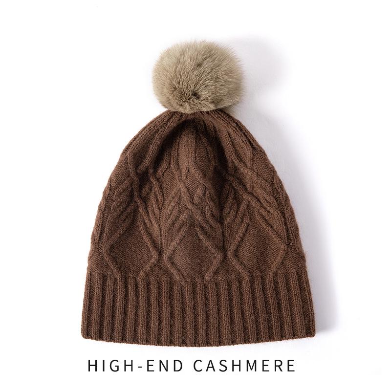 Cashmere Hat with Detachable Fox Fur Pompom, Cable Knit, Warm Ear Protection, Street Style for Autumn & Winter