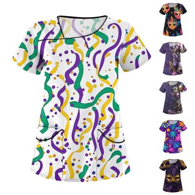 Women's Casual  Print Short Sleeve Sloping Collar Workwear Top With Double Pockets