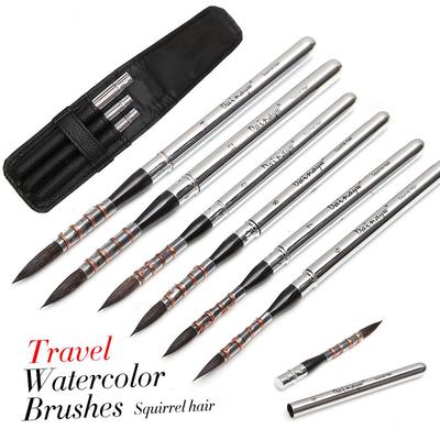 Dainayw Squirrel Hair Travel Paint Brushes Detail Fine Line Brush Tuckable Designed Ferrule Cap for Outdoor Watercolor Gouache Acrylic Painting