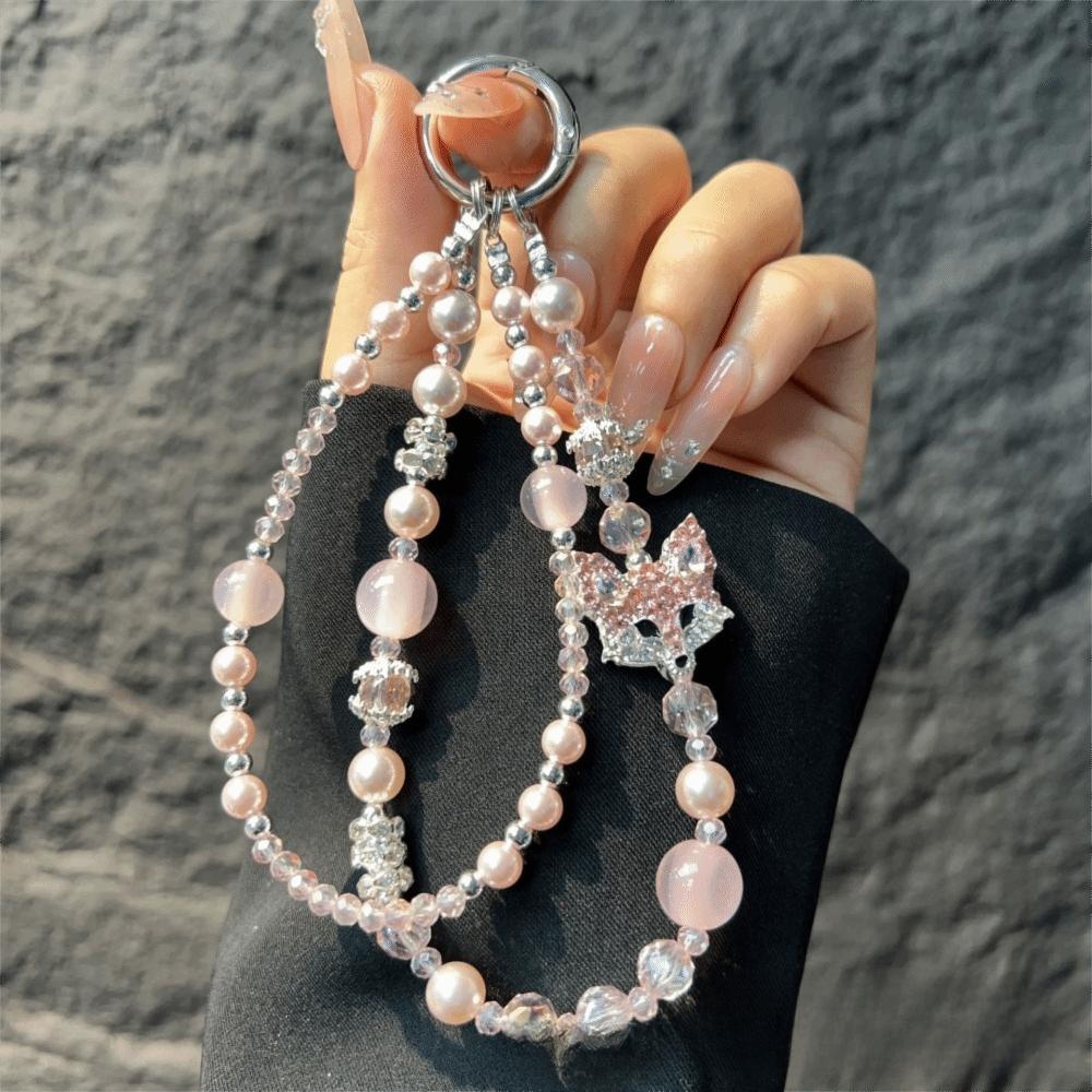 Rhinestone Inlaid Pearl Lanyard Strap Crystal Beads Rhinestone Phone Clip  Photography Prop