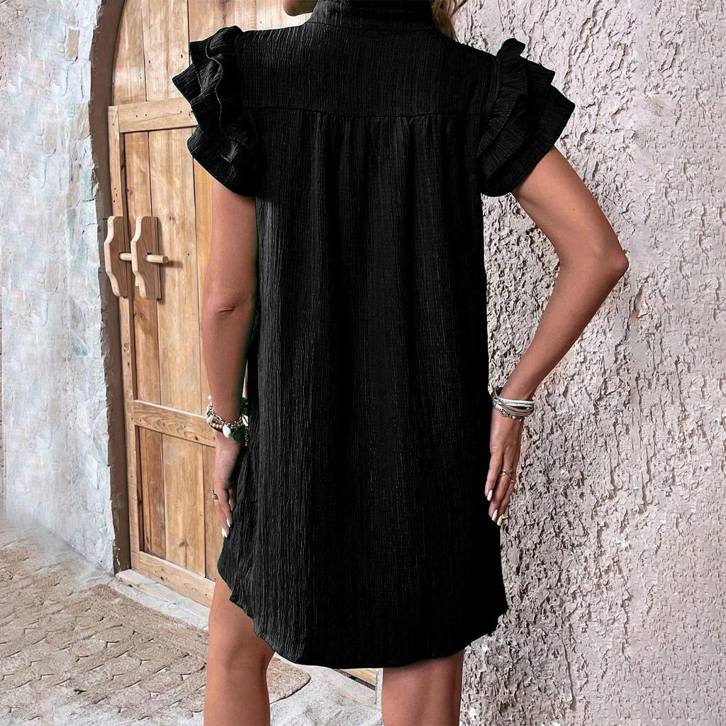 Women's Fashion Casual Solid Color V-neck Versatile Ruffle Sleeve Pullover Dress