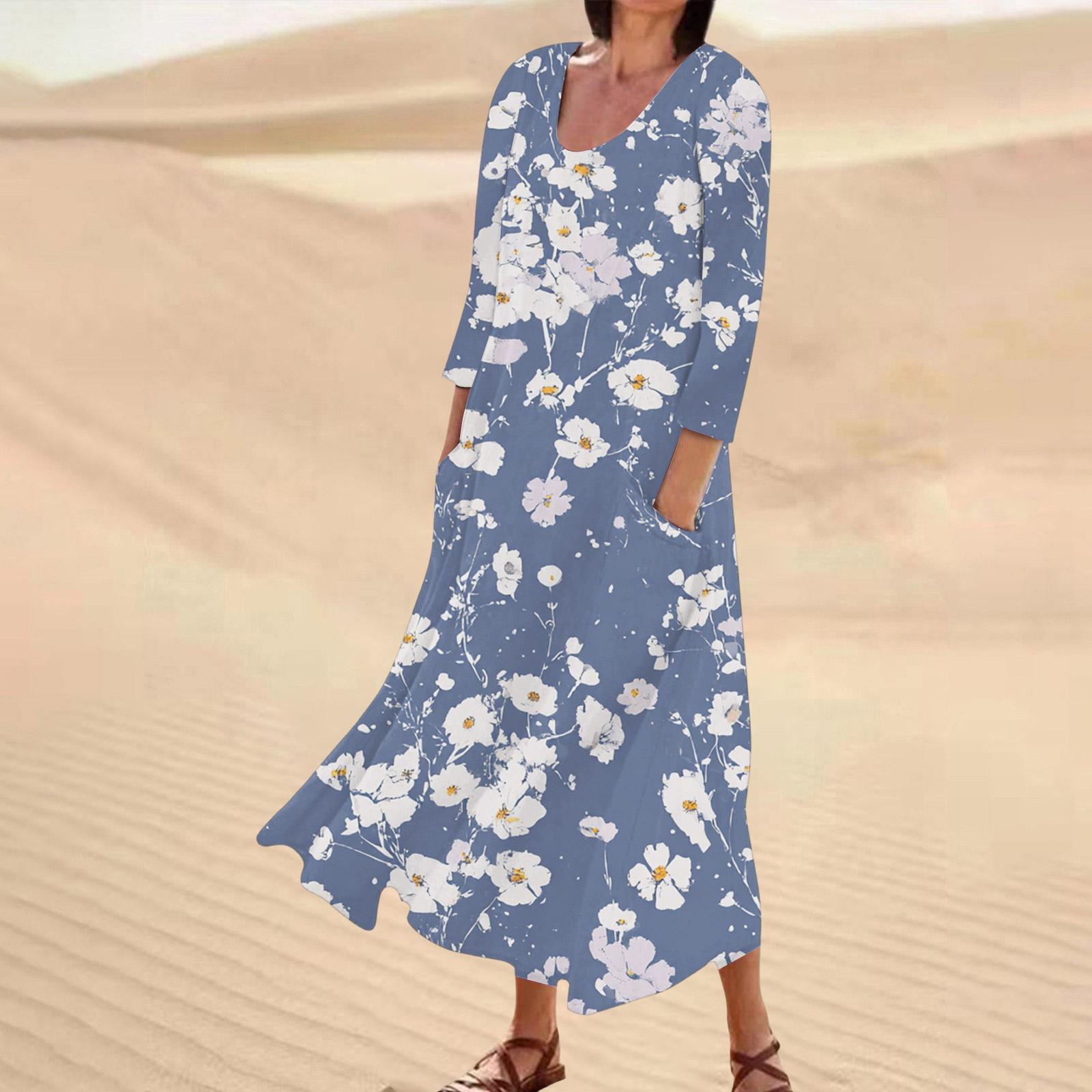 

Women s Casual Floral Print Three,Quarter Sleeve Comfortable Pocket Dress S хакі