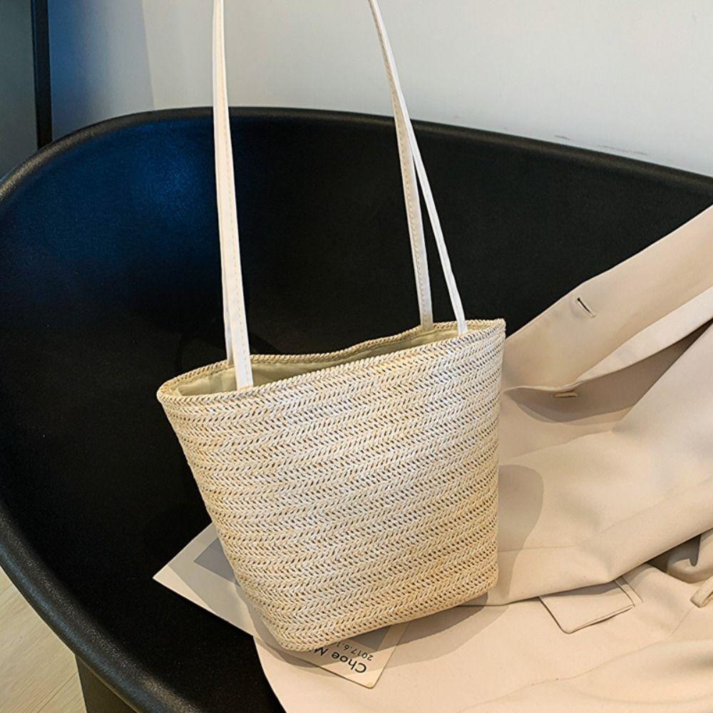 

Solid Color Straw Bucket Bag Woven Shoulder Bag Casual Summer Beach Tote Holiday бежевый
