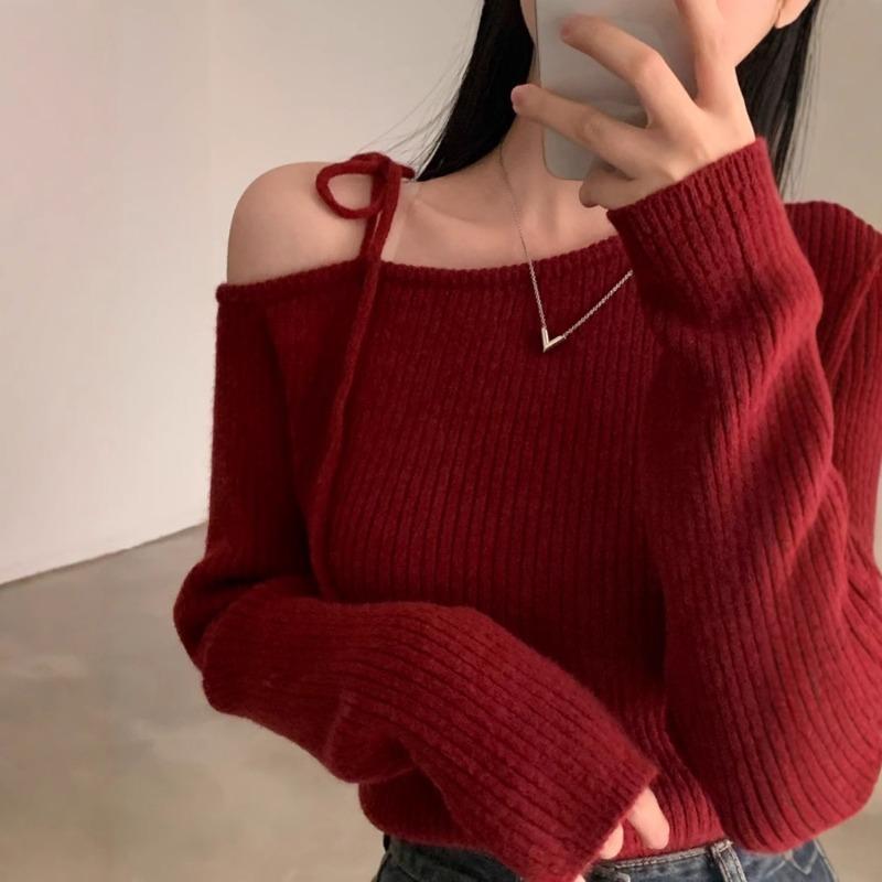 Red One Shoulder Lace Up Knitted Sweaters for Women Japanese Style Design Short Girls Tops Ladies Chic Shoulder Length Long Sleeved Pullovers