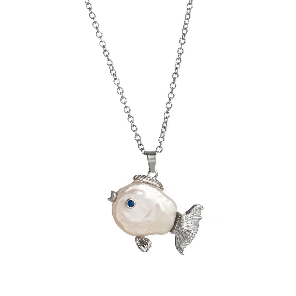 Baroque Little Whale Necklace, Special-Shaped Pearl, Marine Life Pendant, Collarbone Chain, Small Fish Stud Earrings Set, Color Retention.