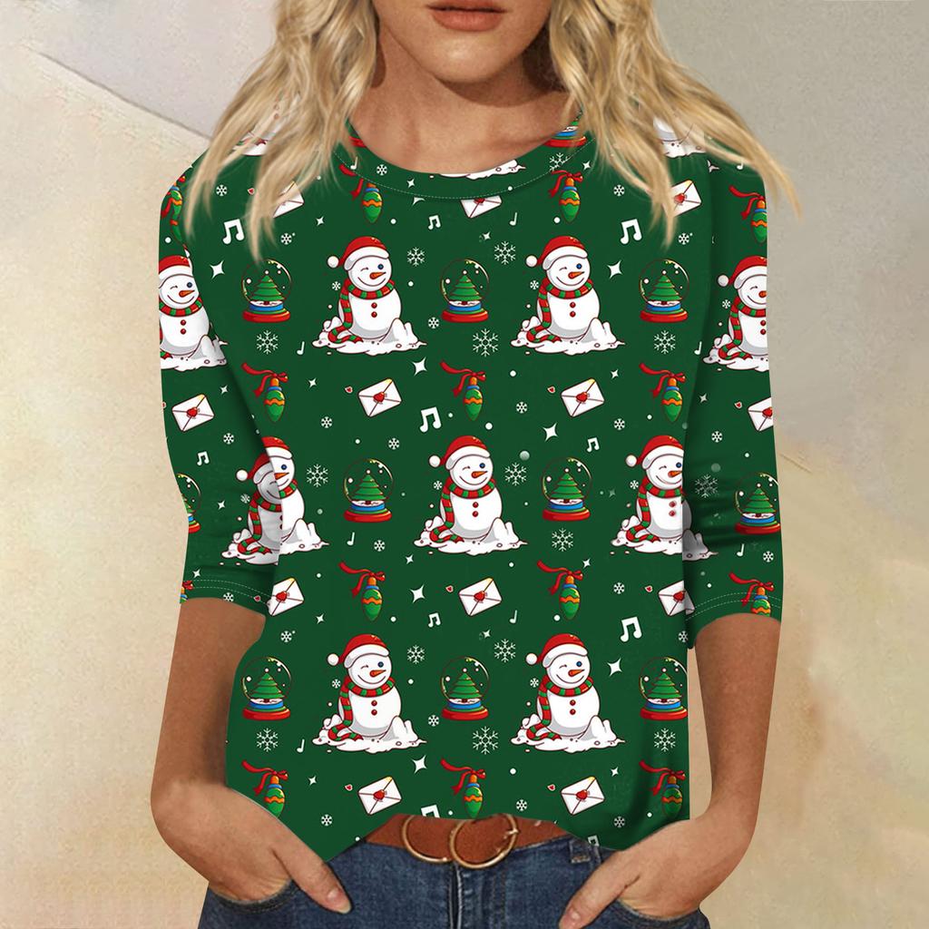 Women's Fashion Casual Round Neck 3/4 Sleeve Loose  Printed T-Shirt Ladies Top
