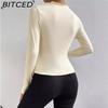 BITCED Women's Solid-Colour Slim-Fit Base Layer Top Versatile Pleated Detail Long-Sleeved T-Shirt