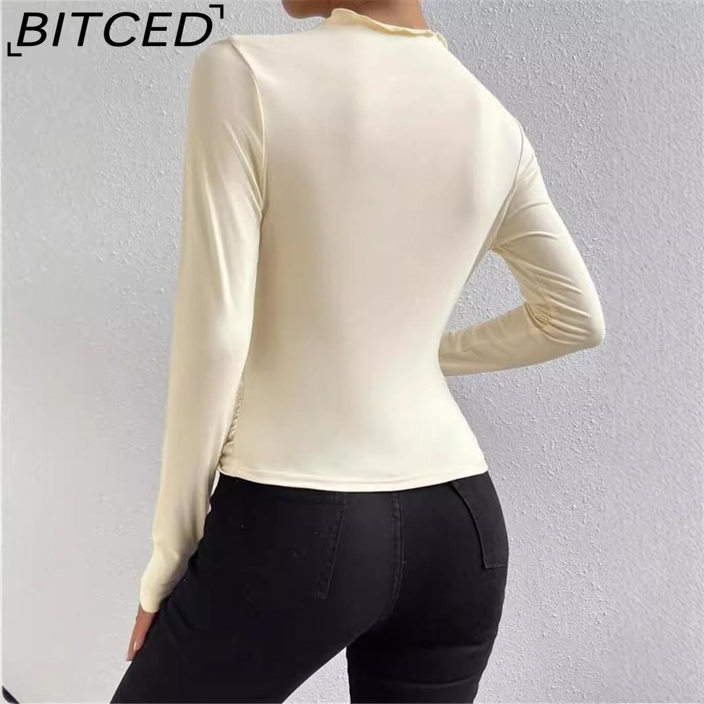 BITCED Women's Solid-Colour Slim-Fit Base Layer Top Versatile Pleated Detail Long-Sleeved T-Shirt