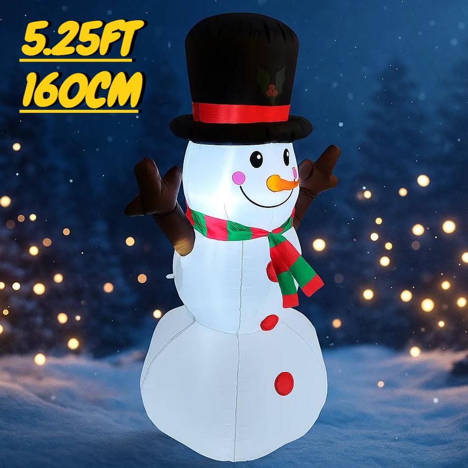5.25FT Inflatable Snowman Top Hat Scarf Toy Xmas Yard Decoration Festive Gift LED Lit Christmas Supplies Home Decor Ornament