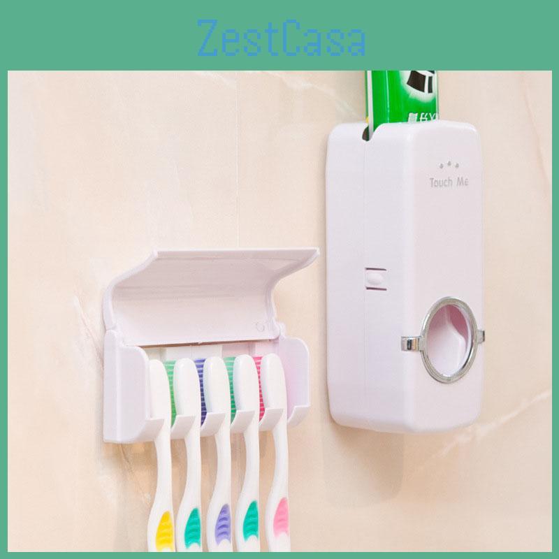 Automatic Toothpaste Dispenser And Toothbrush Holder Plastic Bathroom Organizer