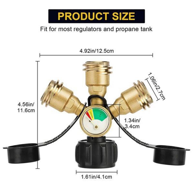 3 Way Propane Tank Y Splitters Adapter Brass Construction With Pressure Gauge Safety Shut Off Valves For Multiple Appliance Connection