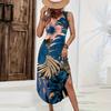 Women Sleeveless Casual Loose Fit Long Dress Tropical Floral Print Summer Beach Maxi Dress with Side Slit