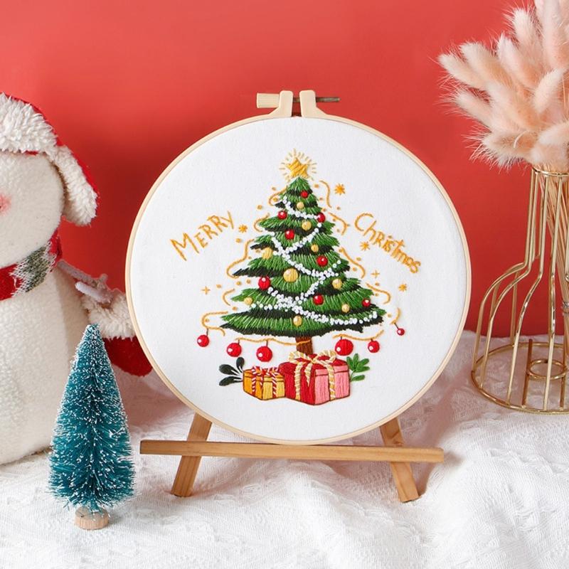 Christmas Pattern CrossStitch Kits Embroidery Starter DIY Kits with Embroidery Clothes Hoop Thread Needle for Beginner