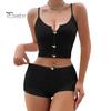 Dámský 2dílný pyžamový set Letní sexy Crop Cami Top a šortky Set ležérní žebrované spací prádlo s květinovou výzdobou