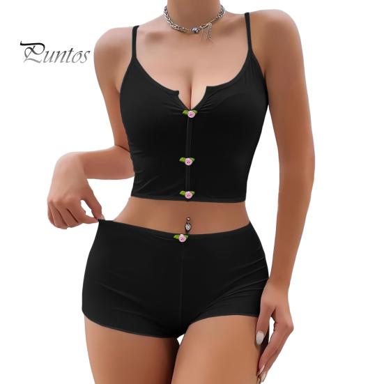 Dámský 2dílný pyžamový set Letní sexy Crop Cami Top a šortky Set ležérní žebrované spací prádlo s květinovou výzdobou