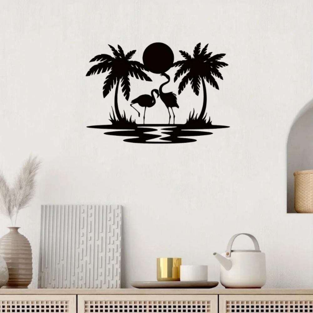 11.81 inch Flamingo Palm Tree Sunset Wall Sign, Iron Art Hanging Hook Metal Decorative Panel for Bathroom Dining Room, Simple Style Sculpture