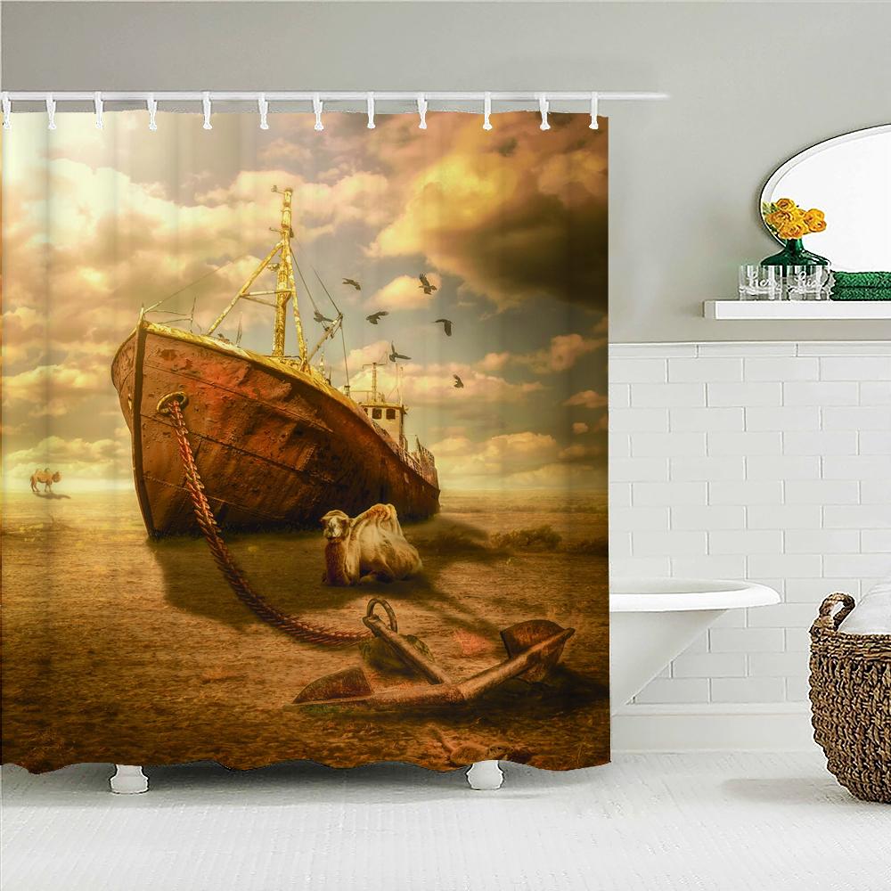 Old Pirate Ship Sea Shower Curtains 3d Printing Bath Curtain With 12 Hooks Bathroom Waterproof Polyester Cloth Bath Screen