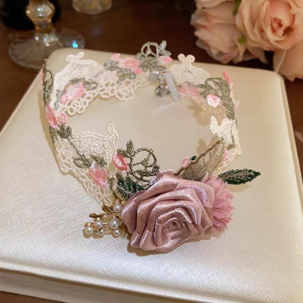 Colier tip choker cu trandafir texturat, rafinat, dulce, din material textil, choker unic cu flori din dantelă, pentru fotografie