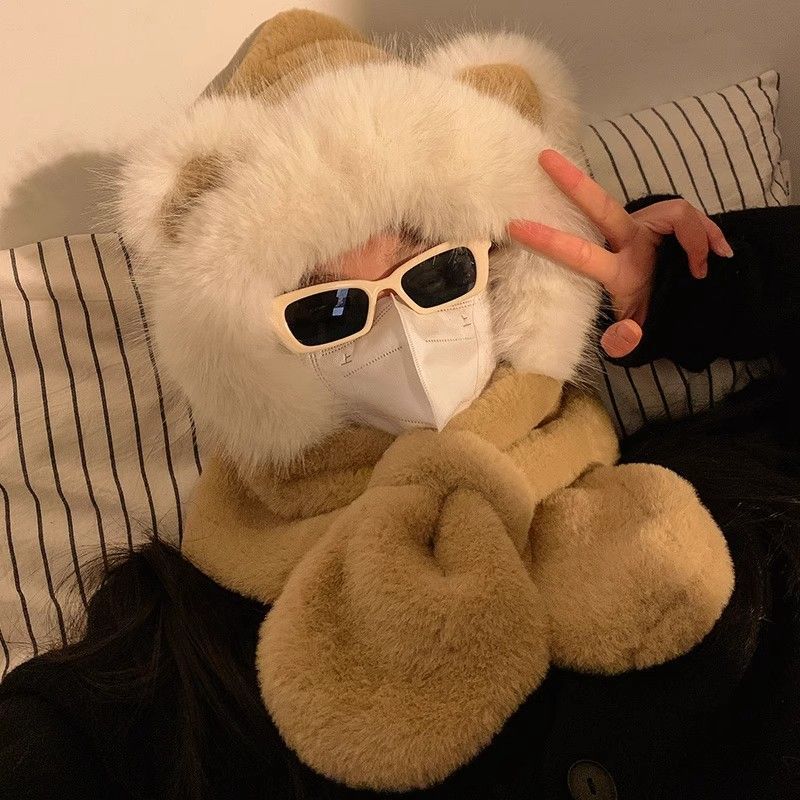 Warm Winter Scarf Bear Plush Hat Scarf Integrated Thickened Ear Protection Hat Cold Protection Lei Feng Hat Two in one
