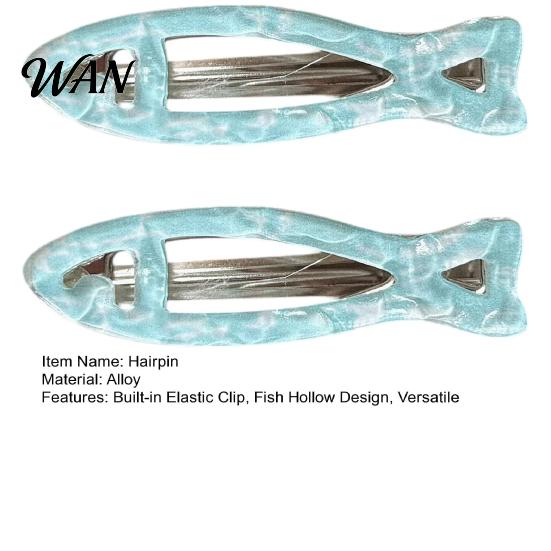 Fresh Fish Hollow Shape Clip 2Pcs Girl Hairpins, Acrylic Hair Clips with Built-in Elastic Clip, Broken Pins, Transparent Icy Blue Accessories