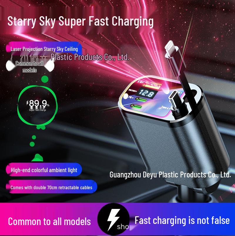 Hvězdná obloha Projektorové světlo 4 v 1 120W Nabíječka do auta s vysouvacím kabelem a rychlým nabíjením Digitální displej