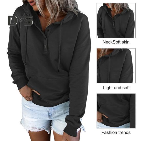 Kvinner Høst Vinter Hettegenser Langermet Løs Pullover Stor Lomme Knapp Dekor Snøring Uformell Myk Varm Hette Elastisk Mansjett Dame Hettegenser Topp