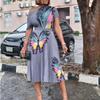 Large size women's clothing summer fashion temperament printed short-sleeved top pleated pendulum skirt set