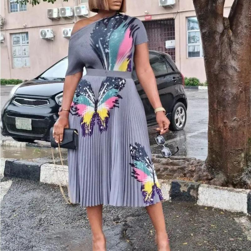 Large size women's clothing summer fashion temperament printed short-sleeved top pleated pendulum skirt set