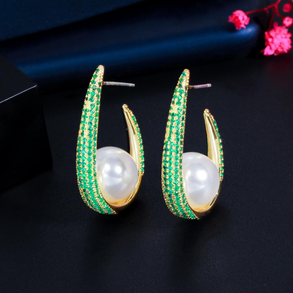 

Dafang Pearl Needle Earrings Copper Gold Plated Zircon Earrings зелёный
